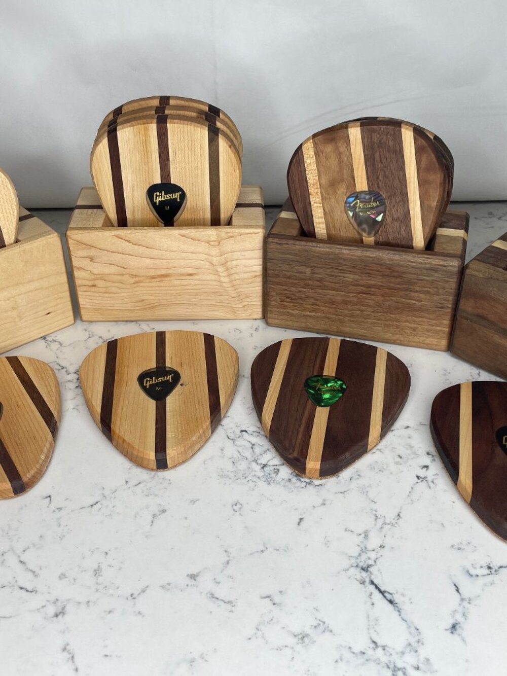 Guitar Pick Wooden Coasters w/ Epoxy and Holder Set of 4 Maple & Black Walnut